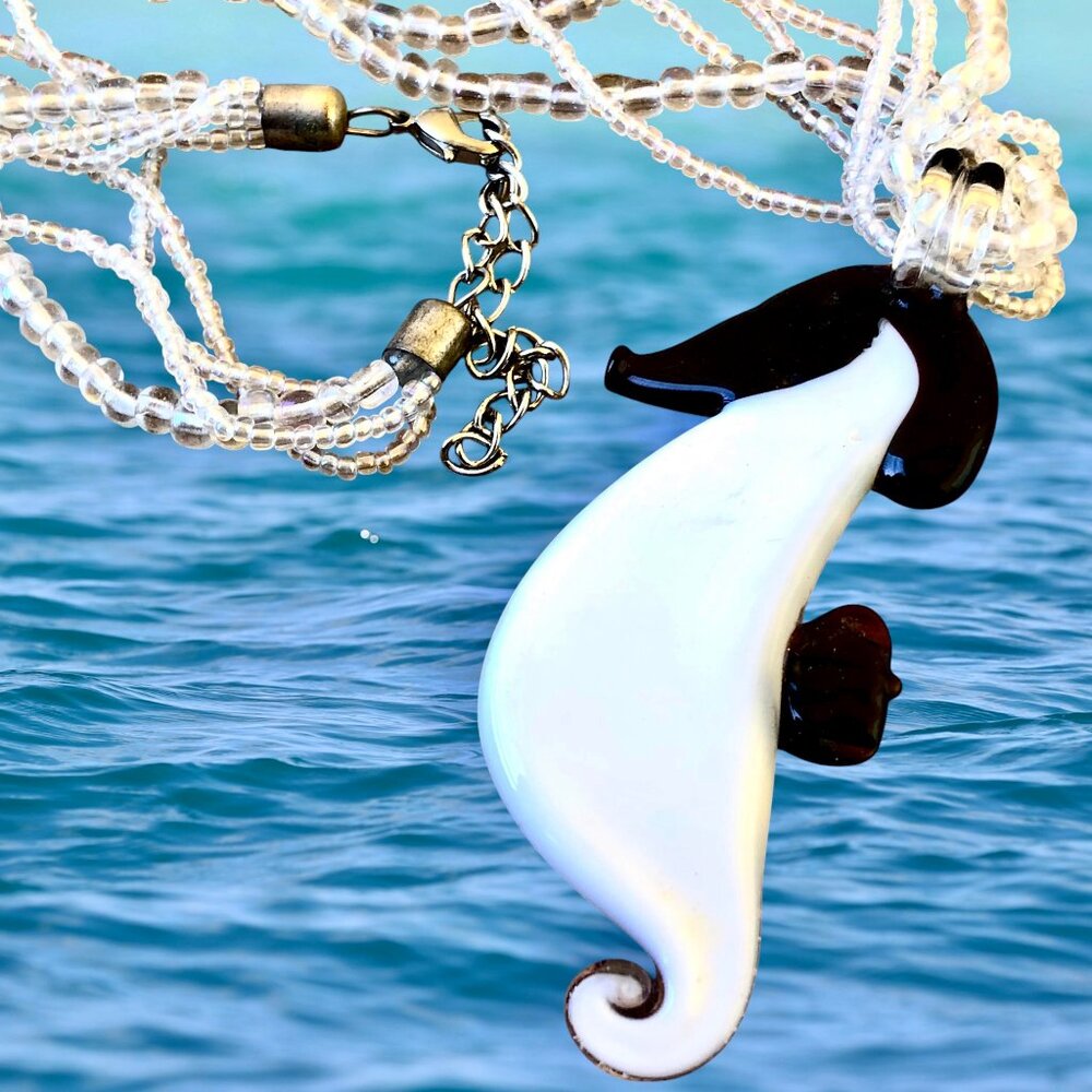 Seahorse Art Glass Pendant with Multi-strand Beaded Necklace Beach Sea - Picture 6 of 12
